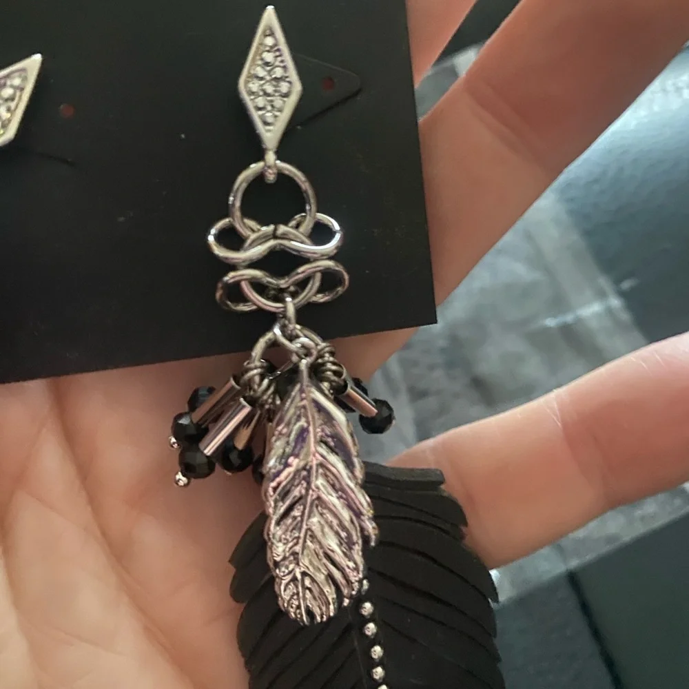 Rebecca Minkoff Leather Feather Earrings Black Feather and Crystals - Picture 4 of 6